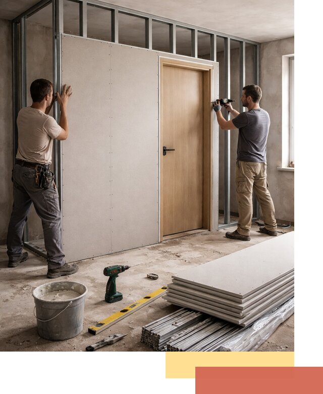 Перегородка из гипсокартона с дверью под ключ в Ступино