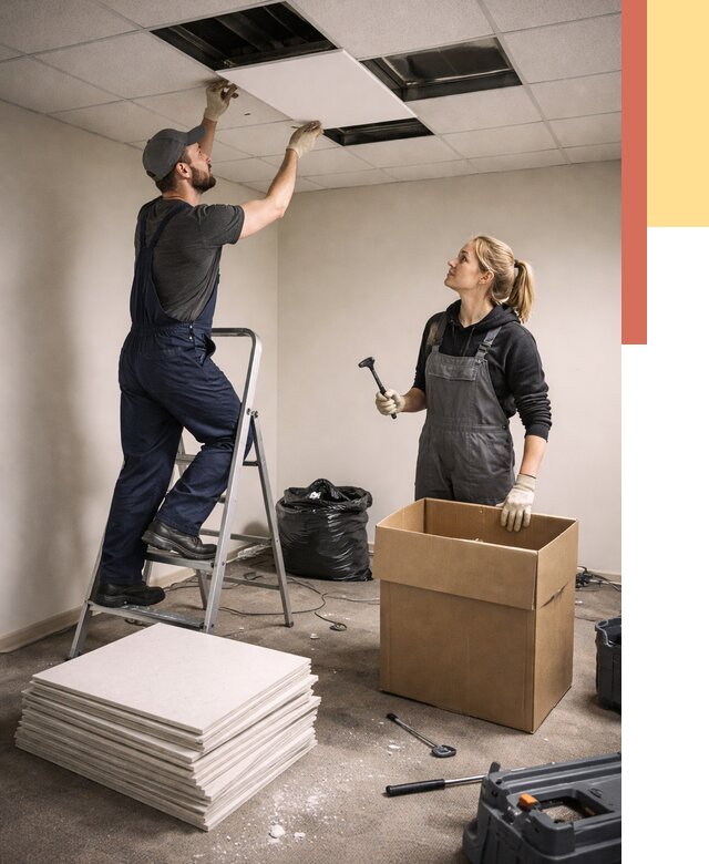 Демонтаж потолочной плитки в Ступино от 4677 руб. быстро и недорого | ОТДЕЛОЧНИК-Стп