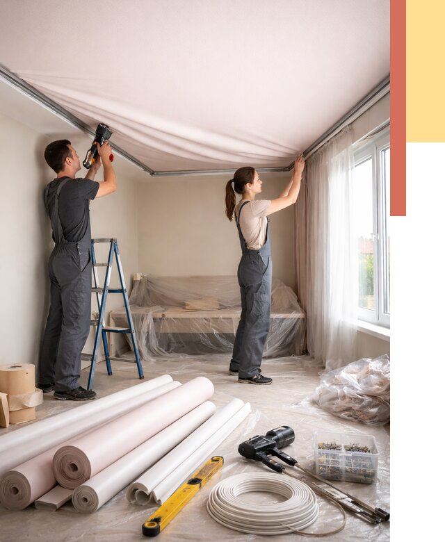 Монтаж цветного натяжного потолка в Ступино от 4365 руб/м² — быстро и недорого | ОТДЕЛОЧНИК-Стп