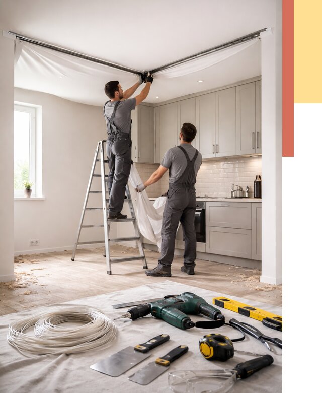 Установка натяжного потолка на кухне в Ступино от 2495 руб. | ОТДЕЛОЧНИК-Стп