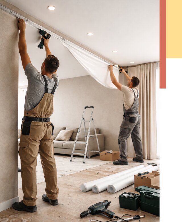 Монтаж натяжного потолка в гостиной в Ступино от 572 руб. | ОТДЕЛОЧНИК-Стп