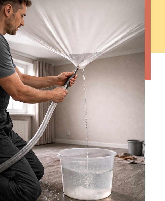 Слив воды с натяжного потолка в Ступино от 2599 руб. быстро и недорого | ОТДЕЛОЧНИК-Стп