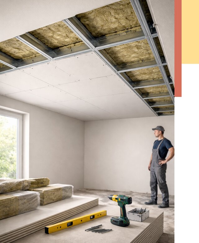 Звукоизоляция потолка ГКЛ в Ступино от 987 руб. — монтаж под ключ | ОТДЕЛОЧНИК-Стп